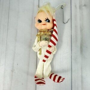 Vintage Rubber Face Pixie Elf Christmas Ornament Japan White Red 5"